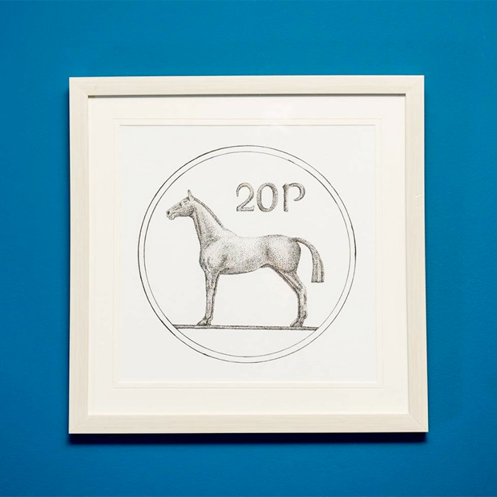 Irish 20 Pence Coin Framed Original Ink Drawing 