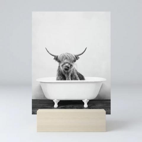 Highland Cow in a Vintage Bathtub Mini Art Print